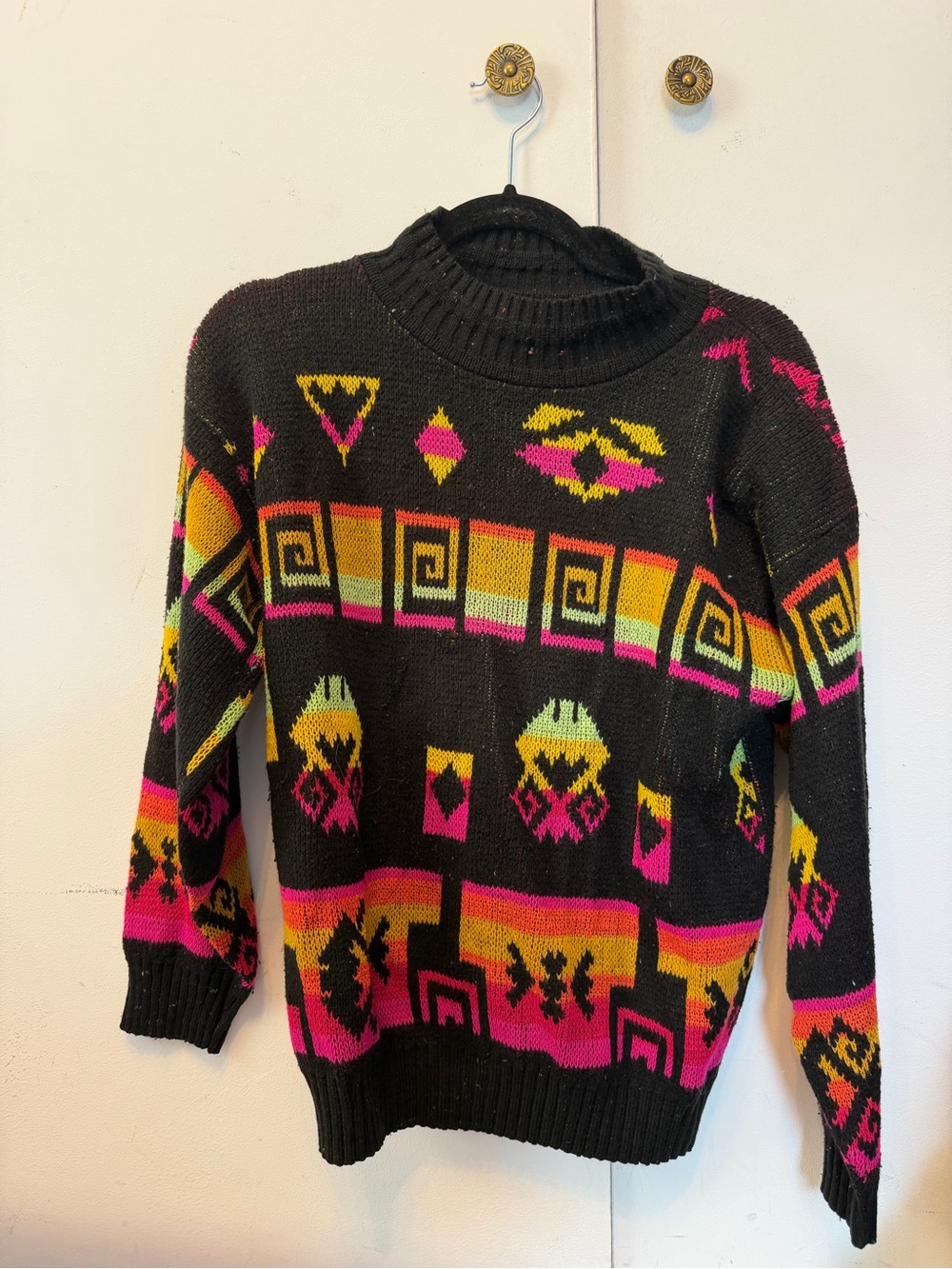Small Jane Adams Black Aztec Pattern Crewneck Sweater with Neon Accents